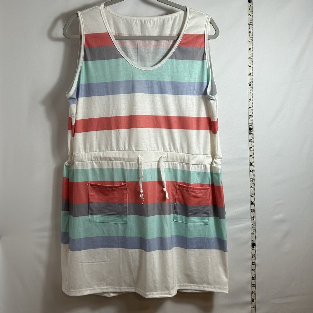 Womens casual striped sleeveless pocketed swim cover with drawstring‎ waist